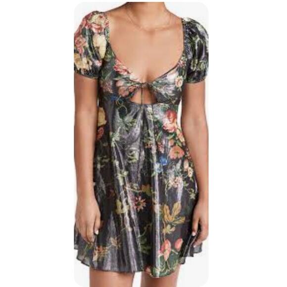 STAUD Camilla Dress  Size 8 Floral Metallic Puff Sleeve Mini Tie Front Coquette - Picture 1 of 16